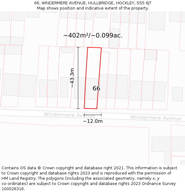 66, WINDERMERE AVENUE, HULLBRIDGE, HOCKLEY, SS5 6JT: Plot and title map