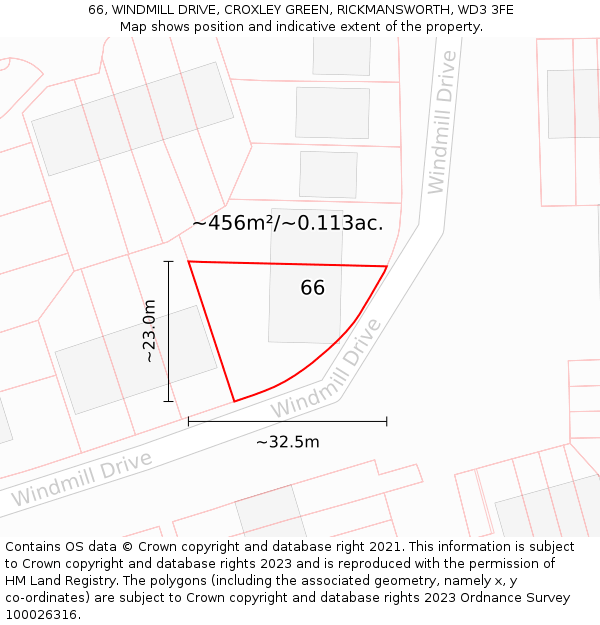 66, WINDMILL DRIVE, CROXLEY GREEN, RICKMANSWORTH, WD3 3FE: Plot and title map