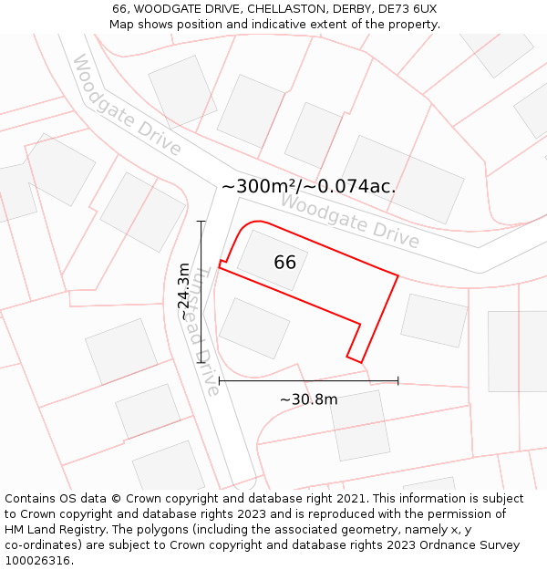 66, WOODGATE DRIVE, CHELLASTON, DERBY, DE73 6UX: Plot and title map
