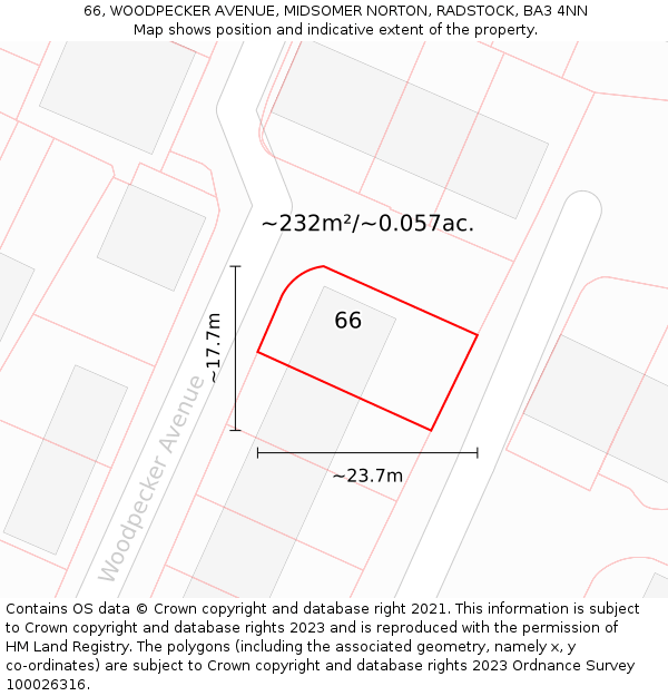 66, WOODPECKER AVENUE, MIDSOMER NORTON, RADSTOCK, BA3 4NN: Plot and title map