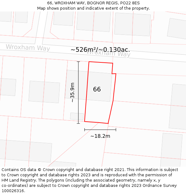 66, WROXHAM WAY, BOGNOR REGIS, PO22 8ES: Plot and title map