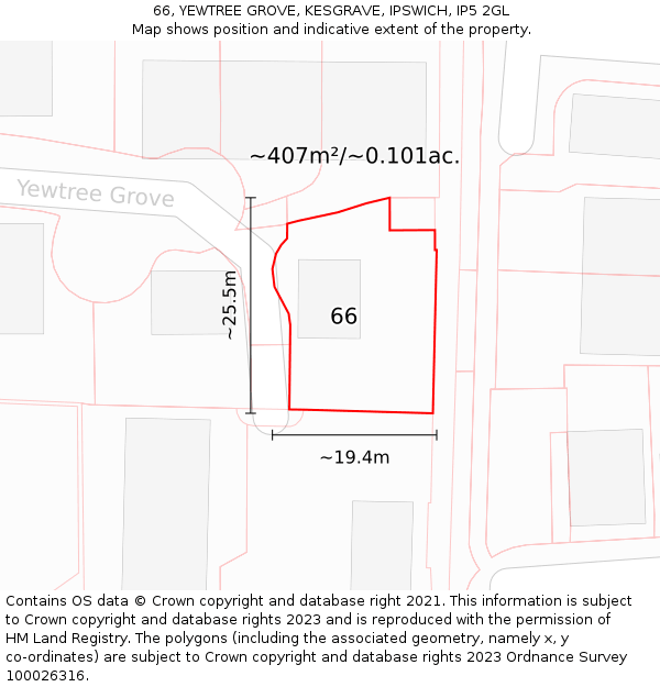 66, YEWTREE GROVE, KESGRAVE, IPSWICH, IP5 2GL: Plot and title map
