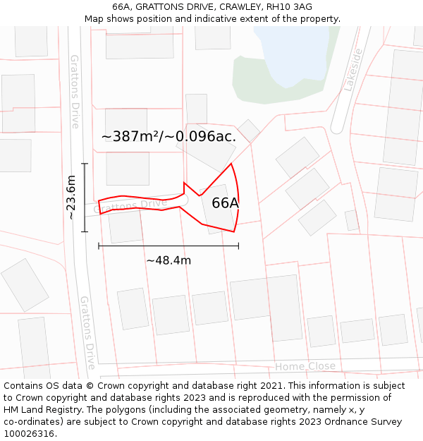 66A, GRATTONS DRIVE, CRAWLEY, RH10 3AG: Plot and title map
