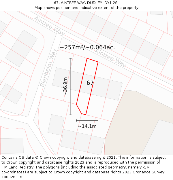 67, AINTREE WAY, DUDLEY, DY1 2SL: Plot and title map