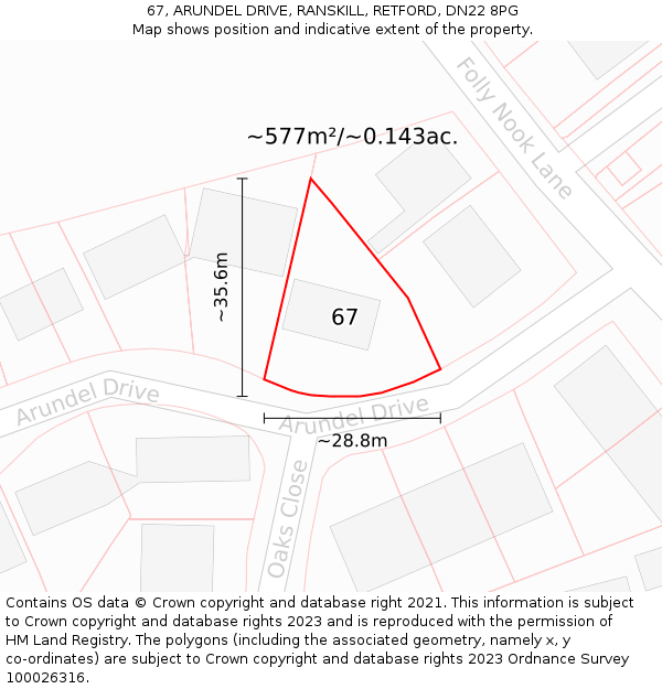 67, ARUNDEL DRIVE, RANSKILL, RETFORD, DN22 8PG: Plot and title map