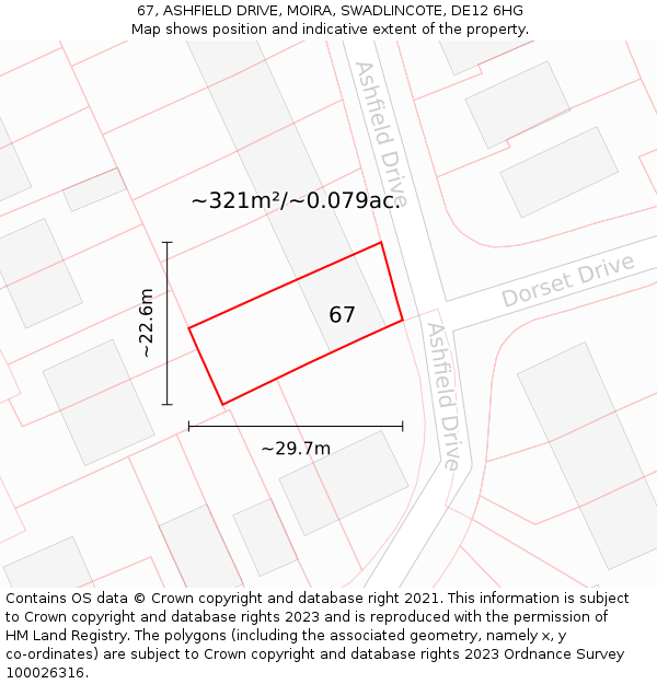 67, ASHFIELD DRIVE, MOIRA, SWADLINCOTE, DE12 6HG: Plot and title map