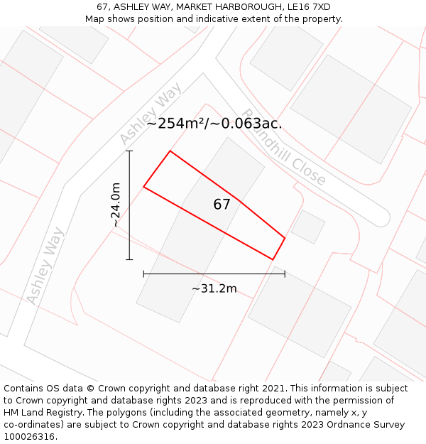 67, ASHLEY WAY, MARKET HARBOROUGH, LE16 7XD: Plot and title map