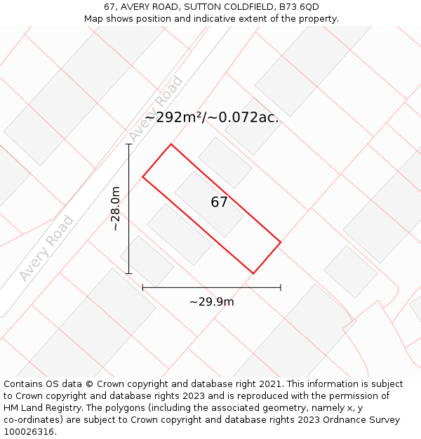 67, AVERY ROAD, SUTTON COLDFIELD, B73 6QD: Plot and title map