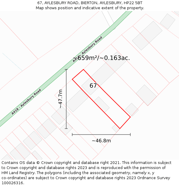 67, AYLESBURY ROAD, BIERTON, AYLESBURY, HP22 5BT: Plot and title map