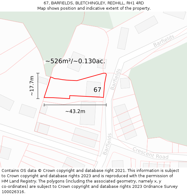 67, BARFIELDS, BLETCHINGLEY, REDHILL, RH1 4RD: Plot and title map