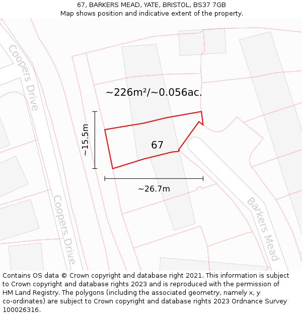 67, BARKERS MEAD, YATE, BRISTOL, BS37 7GB: Plot and title map
