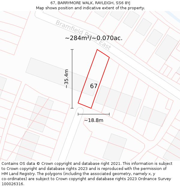67, BARRYMORE WALK, RAYLEIGH, SS6 8YJ: Plot and title map