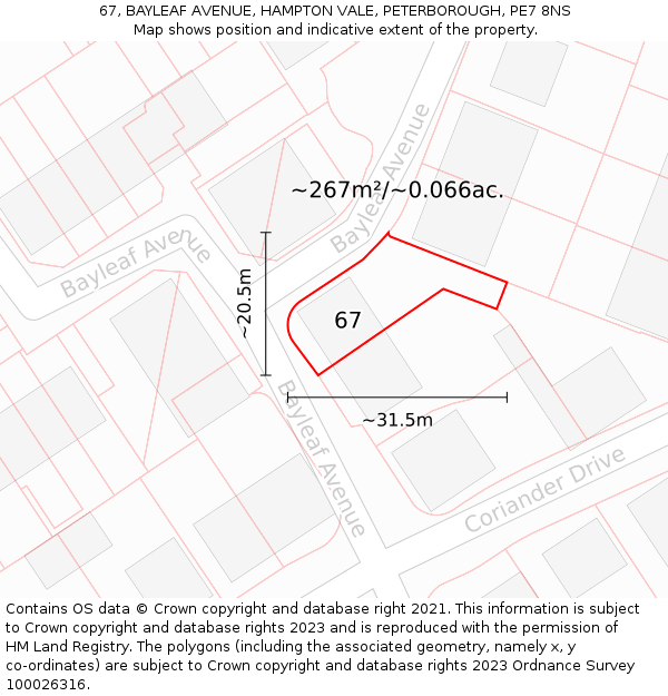 67, BAYLEAF AVENUE, HAMPTON VALE, PETERBOROUGH, PE7 8NS: Plot and title map