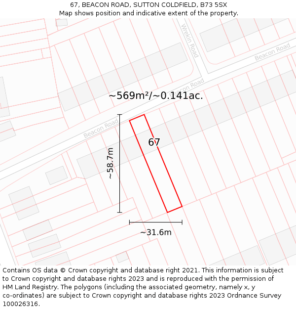 67, BEACON ROAD, SUTTON COLDFIELD, B73 5SX: Plot and title map