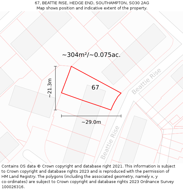 67, BEATTIE RISE, HEDGE END, SOUTHAMPTON, SO30 2AG: Plot and title map