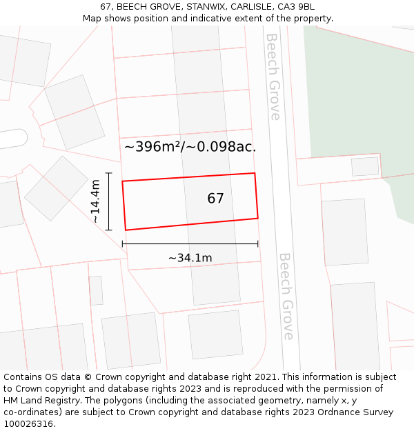 67, BEECH GROVE, STANWIX, CARLISLE, CA3 9BL: Plot and title map