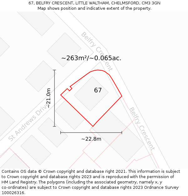 67, BELFRY CRESCENT, LITTLE WALTHAM, CHELMSFORD, CM3 3GN: Plot and title map