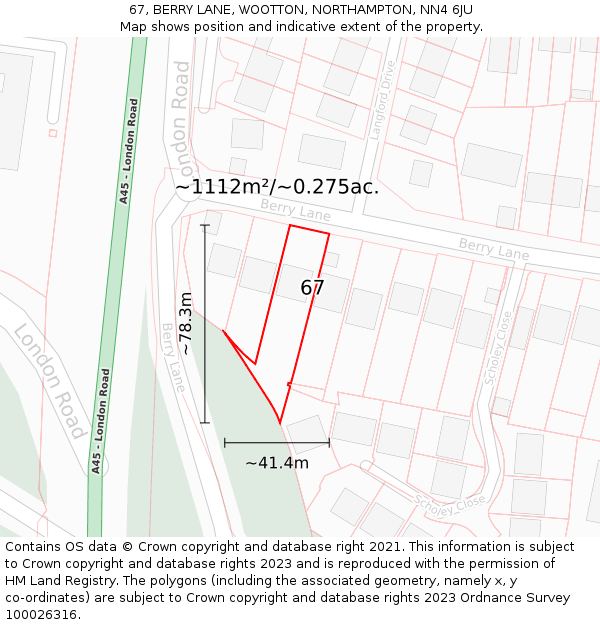 67, BERRY LANE, WOOTTON, NORTHAMPTON, NN4 6JU: Plot and title map
