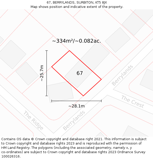 67, BERRYLANDS, SURBITON, KT5 8JX: Plot and title map