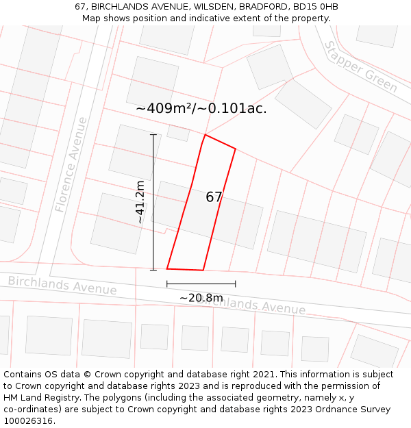 67, BIRCHLANDS AVENUE, WILSDEN, BRADFORD, BD15 0HB: Plot and title map