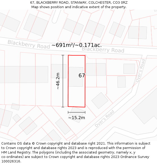 67, BLACKBERRY ROAD, STANWAY, COLCHESTER, CO3 0RZ: Plot and title map