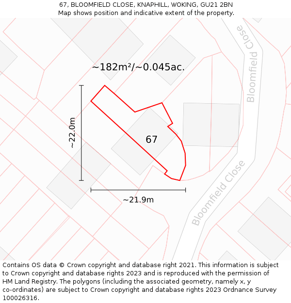 67, BLOOMFIELD CLOSE, KNAPHILL, WOKING, GU21 2BN: Plot and title map