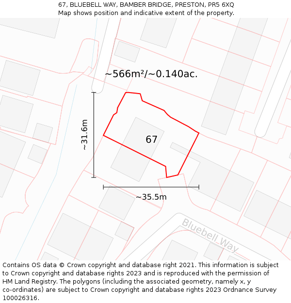 67, BLUEBELL WAY, BAMBER BRIDGE, PRESTON, PR5 6XQ: Plot and title map