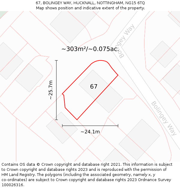 67, BOLINGEY WAY, HUCKNALL, NOTTINGHAM, NG15 6TQ: Plot and title map