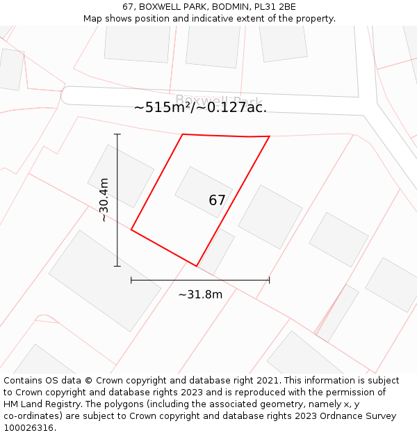 67, BOXWELL PARK, BODMIN, PL31 2BE: Plot and title map