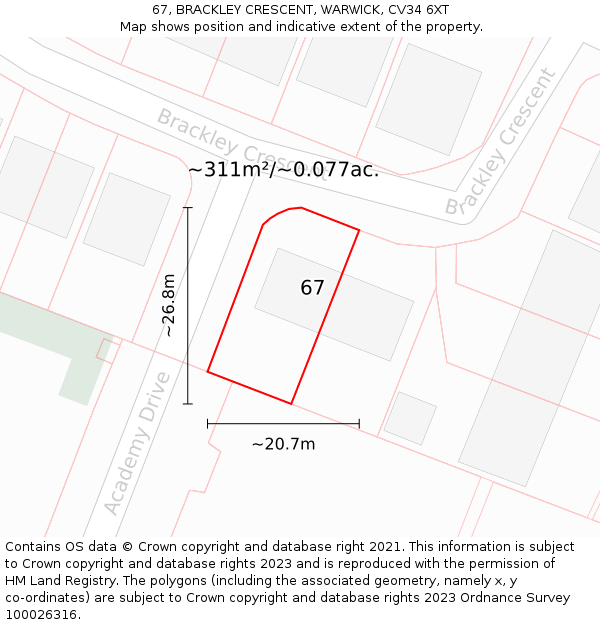 67, BRACKLEY CRESCENT, WARWICK, CV34 6XT: Plot and title map