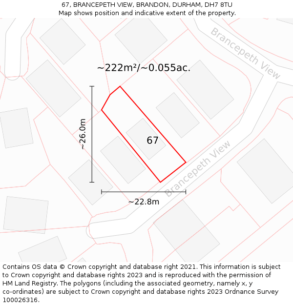 67, BRANCEPETH VIEW, BRANDON, DURHAM, DH7 8TU: Plot and title map