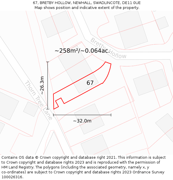 67, BRETBY HOLLOW, NEWHALL, SWADLINCOTE, DE11 0UE: Plot and title map