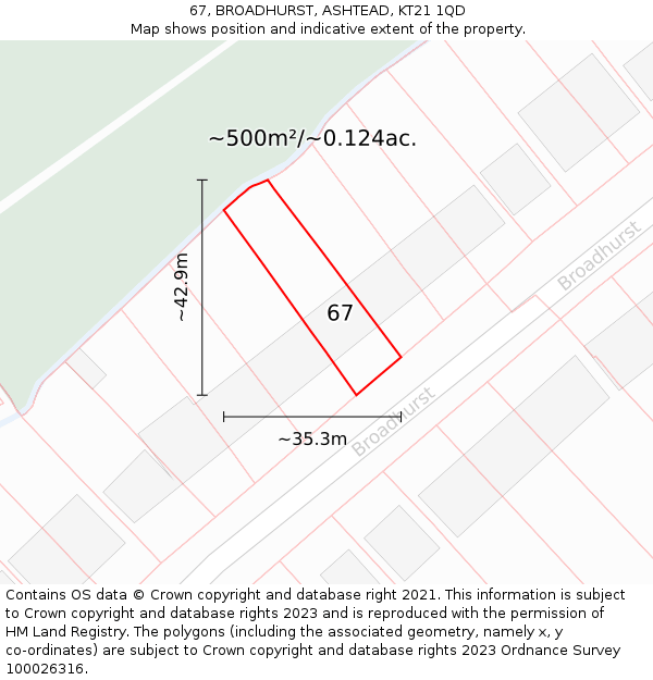 67, BROADHURST, ASHTEAD, KT21 1QD: Plot and title map