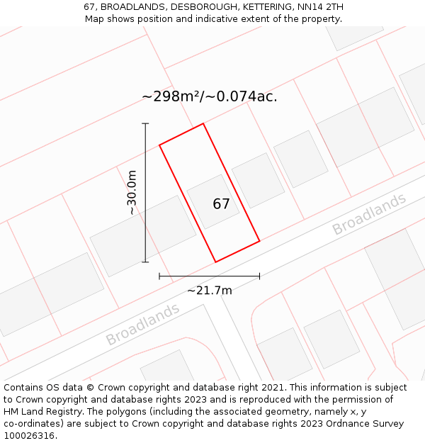 67, BROADLANDS, DESBOROUGH, KETTERING, NN14 2TH: Plot and title map