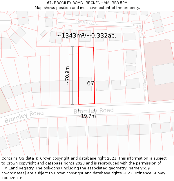 67, BROMLEY ROAD, BECKENHAM, BR3 5PA: Plot and title map
