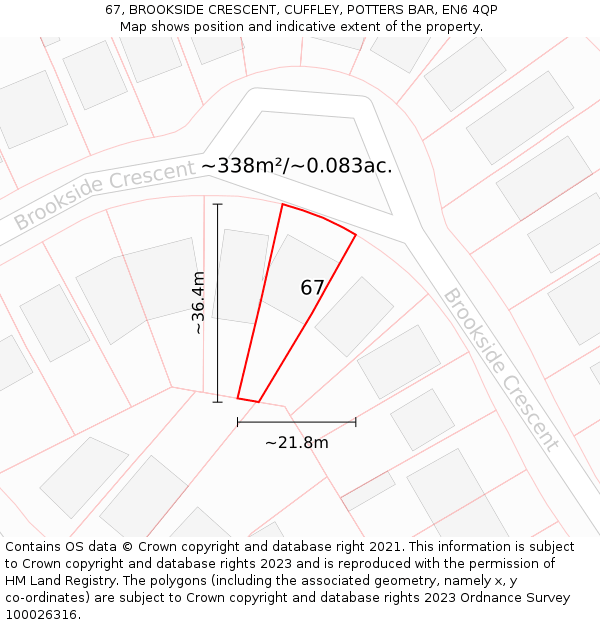 67, BROOKSIDE CRESCENT, CUFFLEY, POTTERS BAR, EN6 4QP: Plot and title map