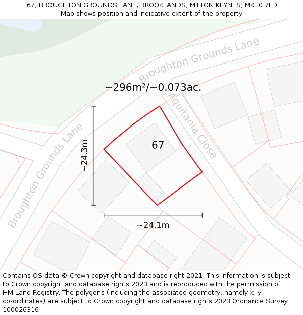 67, BROUGHTON GROUNDS LANE, BROOKLANDS, MILTON KEYNES, MK10 7FD: Plot and title map