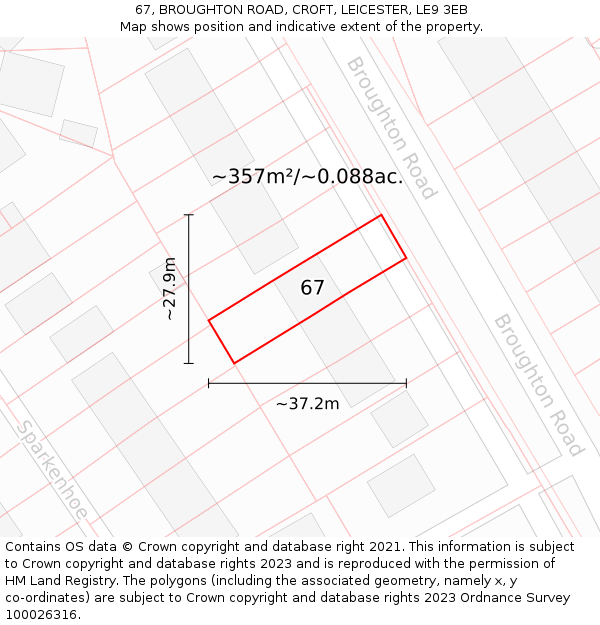 67, BROUGHTON ROAD, CROFT, LEICESTER, LE9 3EB: Plot and title map