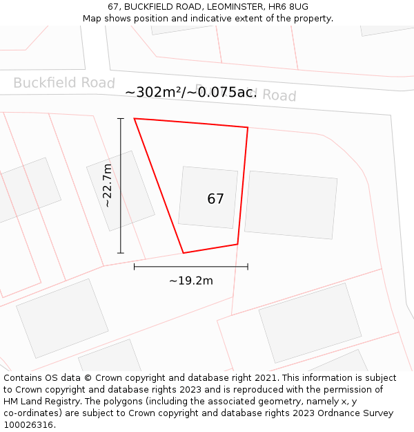 67, BUCKFIELD ROAD, LEOMINSTER, HR6 8UG: Plot and title map