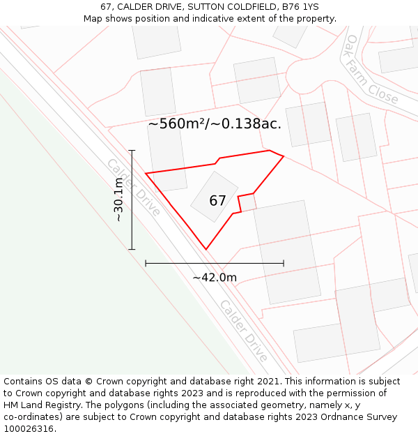 67, CALDER DRIVE, SUTTON COLDFIELD, B76 1YS: Plot and title map