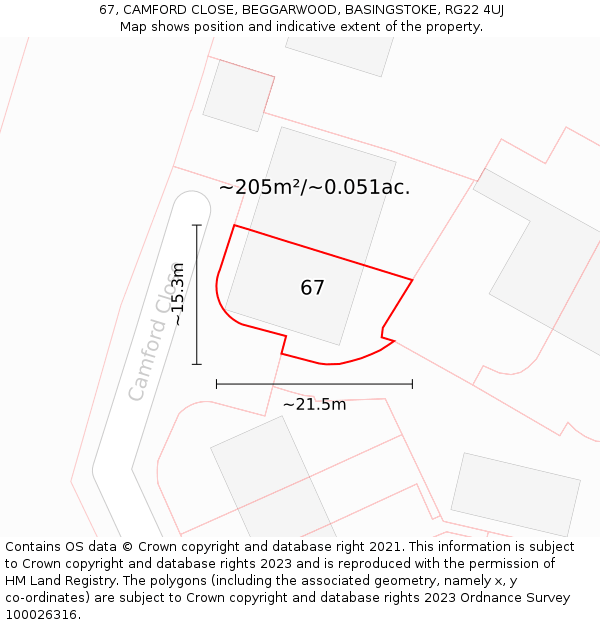 67, CAMFORD CLOSE, BEGGARWOOD, BASINGSTOKE, RG22 4UJ: Plot and title map