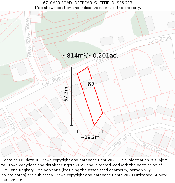 67, CARR ROAD, DEEPCAR, SHEFFIELD, S36 2PR: Plot and title map