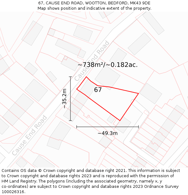 67, CAUSE END ROAD, WOOTTON, BEDFORD, MK43 9DE: Plot and title map