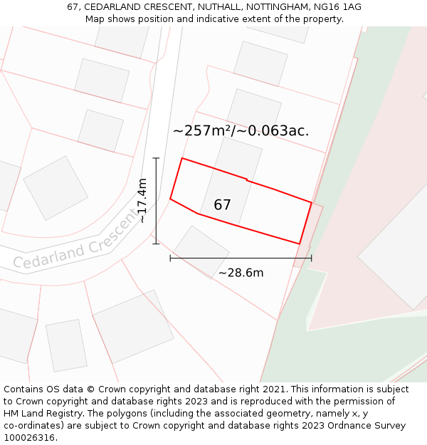 67, CEDARLAND CRESCENT, NUTHALL, NOTTINGHAM, NG16 1AG: Plot and title map