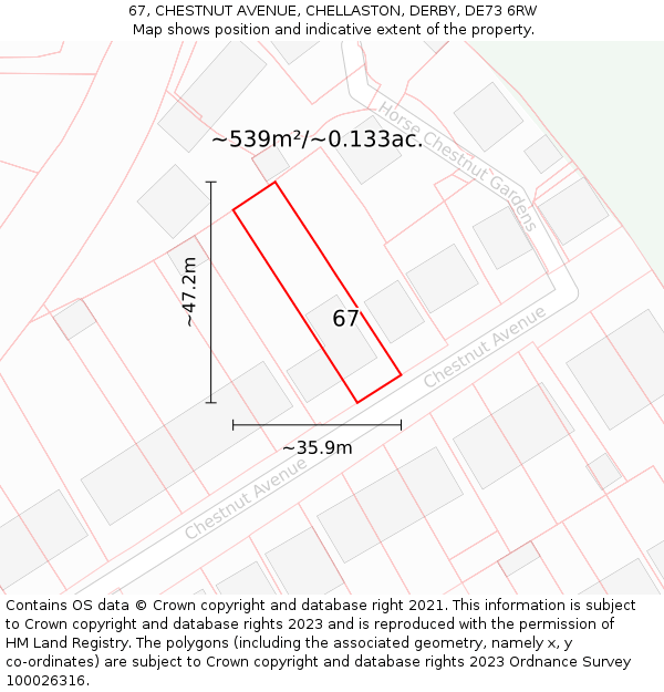 67, CHESTNUT AVENUE, CHELLASTON, DERBY, DE73 6RW: Plot and title map