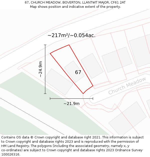 67, CHURCH MEADOW, BOVERTON, LLANTWIT MAJOR, CF61 2AT: Plot and title map