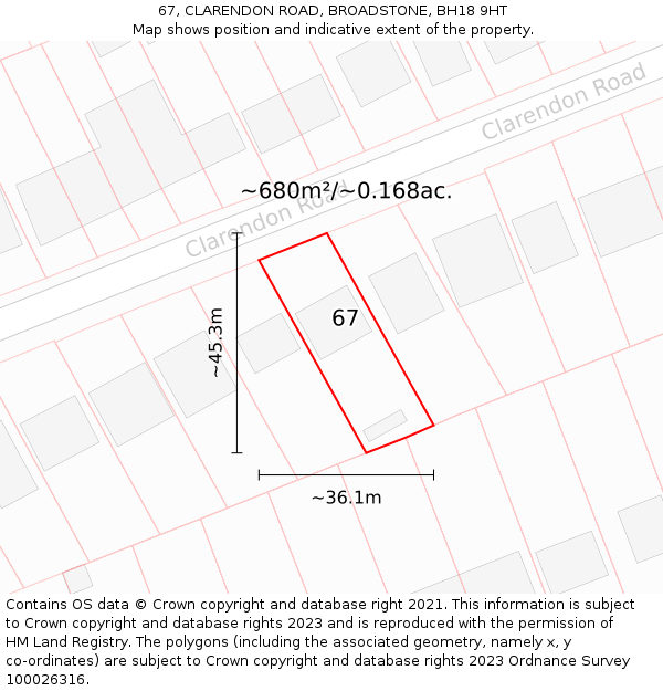 67, CLARENDON ROAD, BROADSTONE, BH18 9HT: Plot and title map