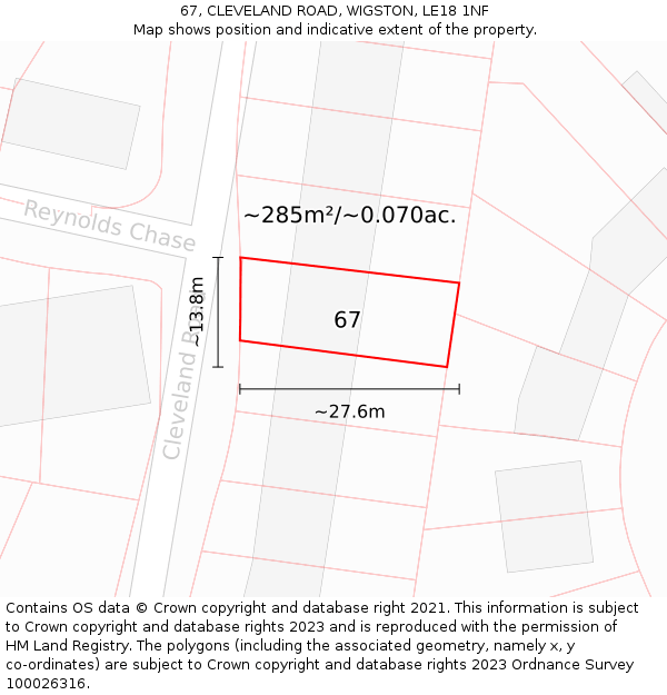 67, CLEVELAND ROAD, WIGSTON, LE18 1NF: Plot and title map