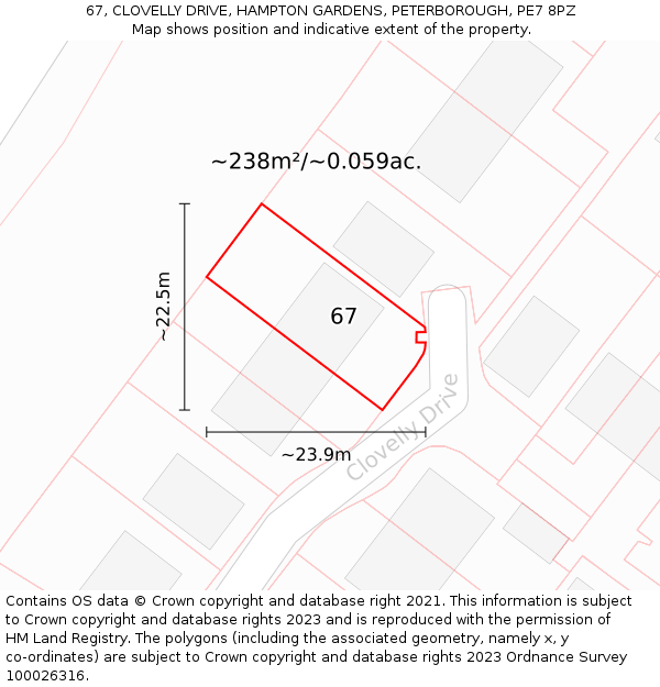 67, CLOVELLY DRIVE, HAMPTON GARDENS, PETERBOROUGH, PE7 8PZ: Plot and title map