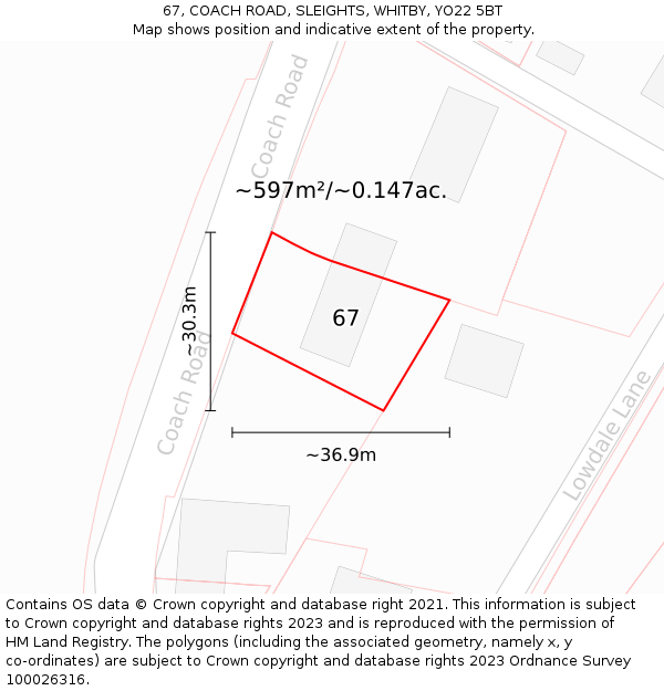 67, COACH ROAD, SLEIGHTS, WHITBY, YO22 5BT: Plot and title map